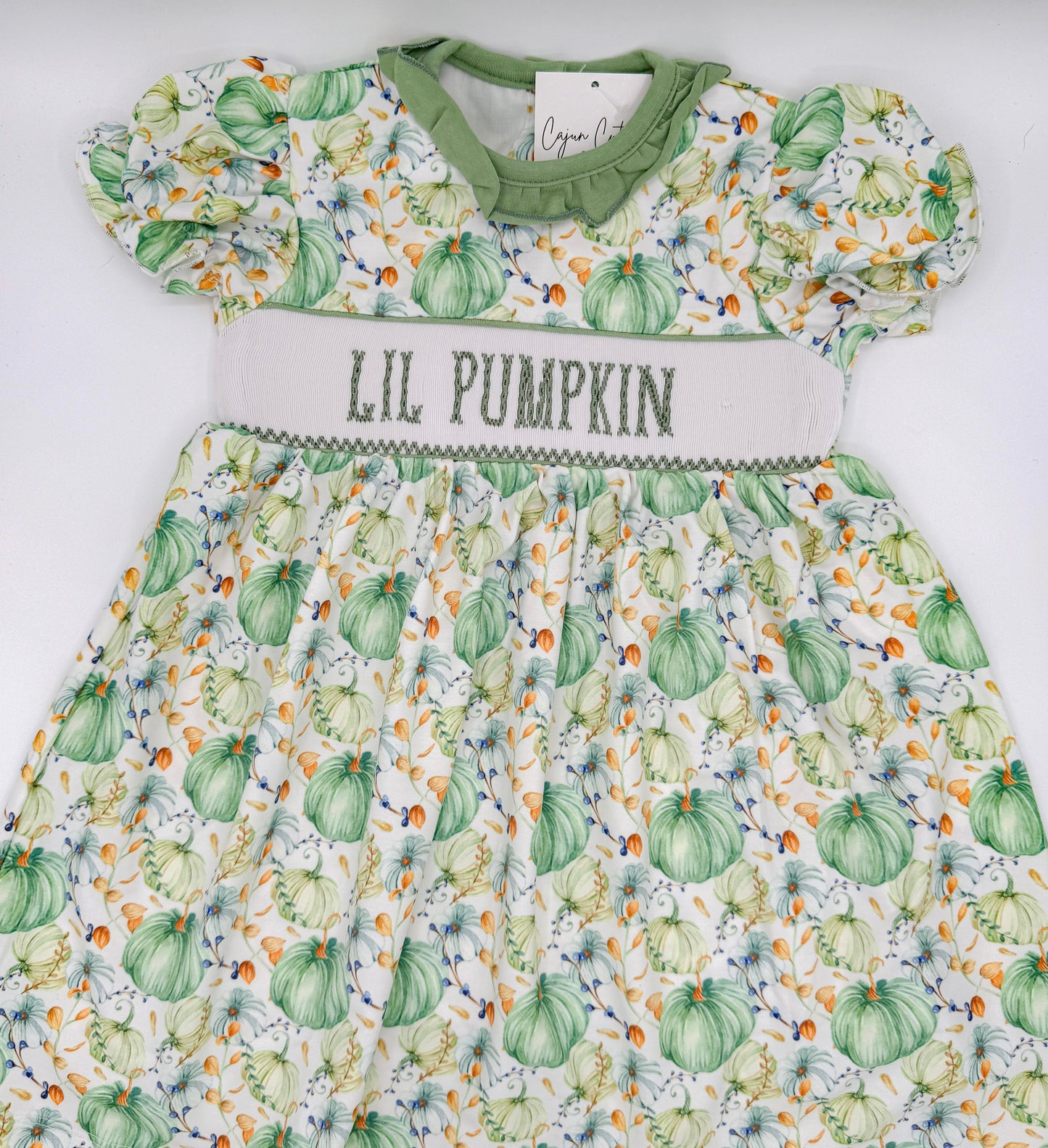 Floral Lil Pumpkin Hand Smocked Baby Dress – Sage Green Fall Outfit | Cajun Cuties & Co