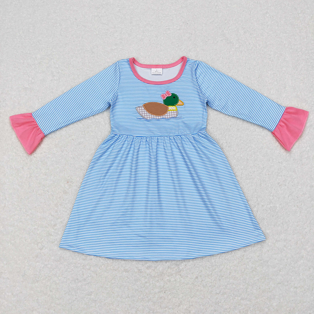 Sibling Baby Kids Embroidery Bow Ducks Stripes Tunic Tops Leggings Clothes Set Dress Rompers