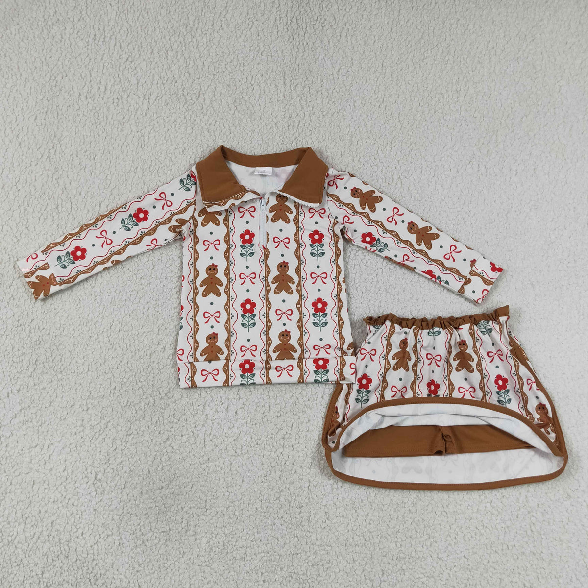 GLD1607 Baby Girls Flowers Gingerbread Zip Pullovers Skirt Short Christmas Clothes Set