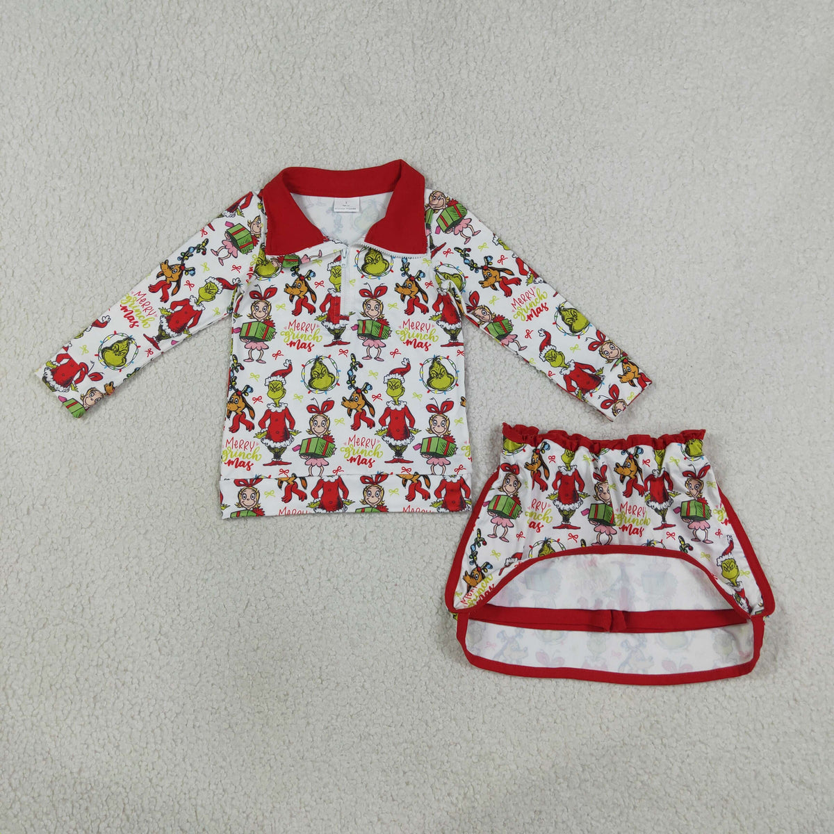 GLD1608 Baby Girls Gifts Green Faces Zip Pullovers Skirt Short Marry Christmas Clothes Set