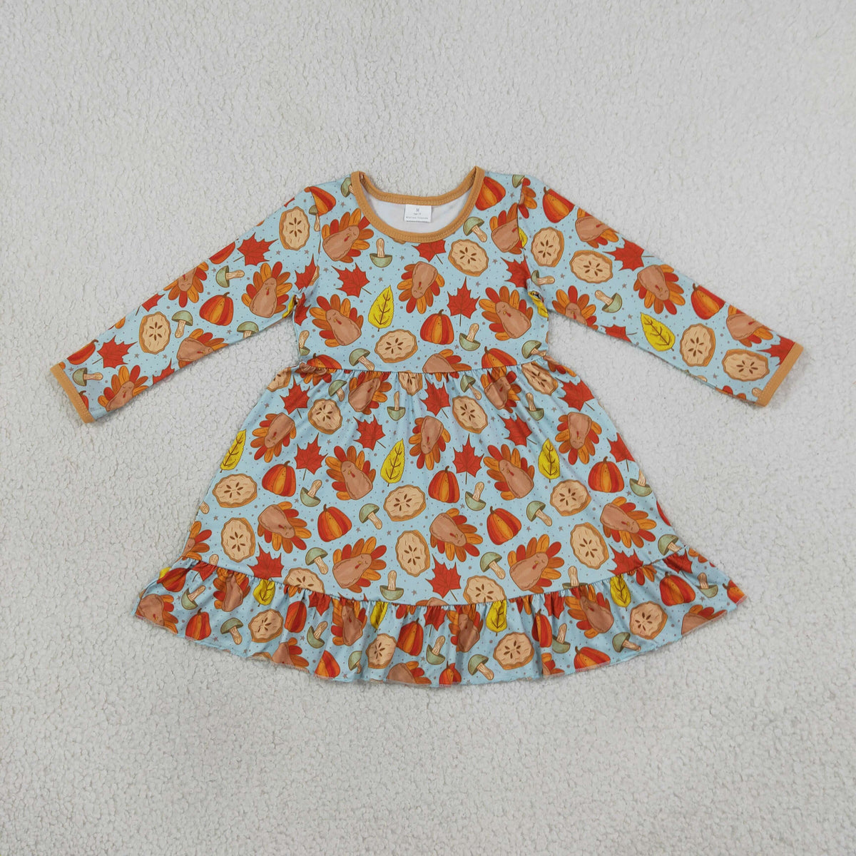 GLD1692 Baby Girls Turkey Pumpkins Pie Thanksgivings Ruffle Knee Length Dress