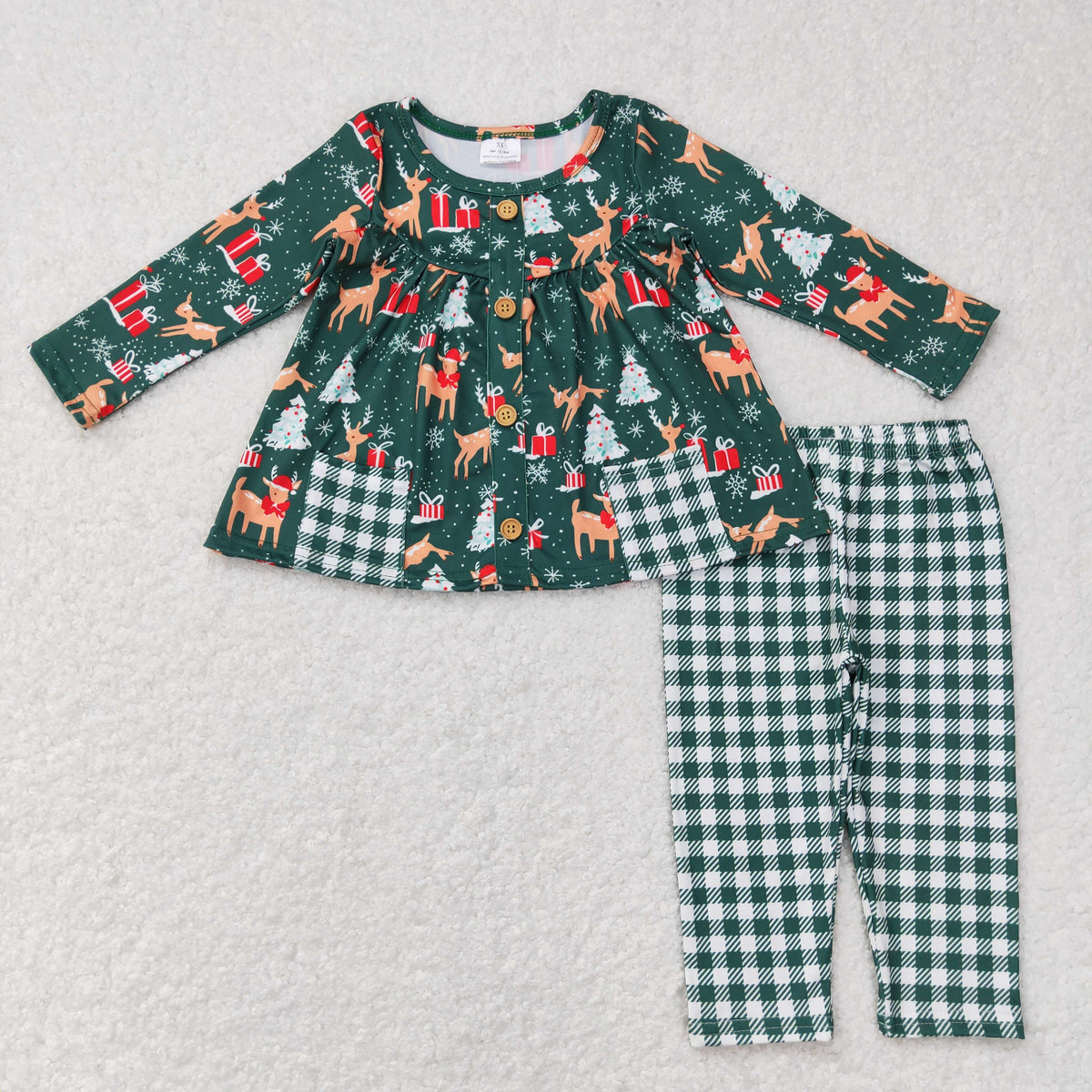 Sibling Baby Girls Santa Candy Cane Trees Pockets Button Tunic Pants Christmas Clothes Sets