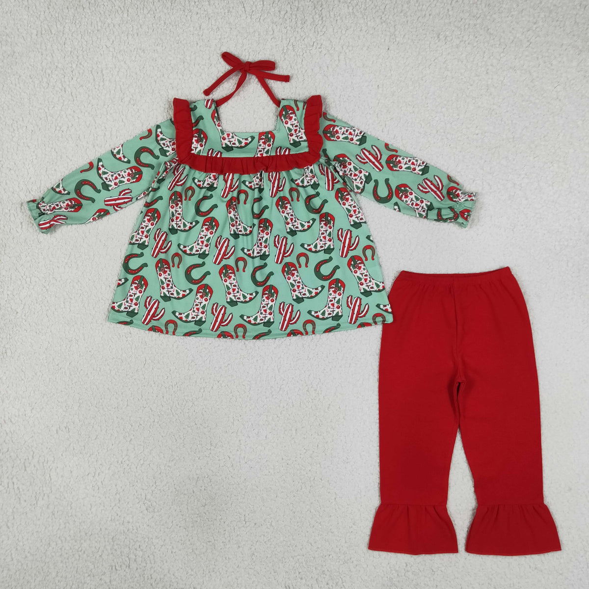 GLP2355 Baby Girls Holly Boots Cactus Tunic Ruffle Pant Western Christmas Clothes Sets