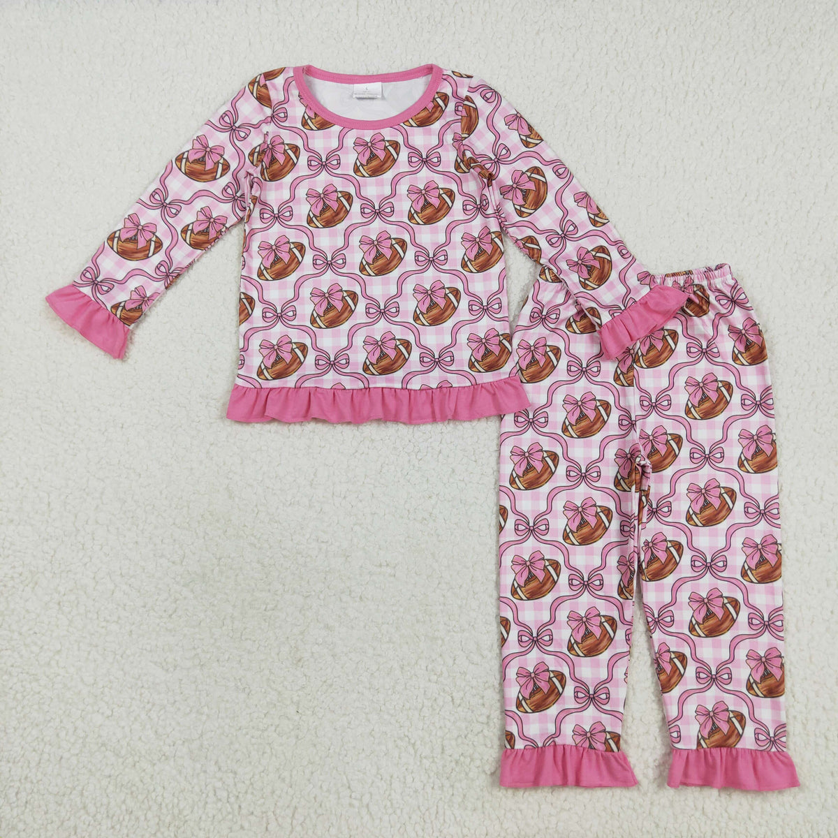 GLP2535 Baby Girls Pink Checked Bows Footballs Top Ruffle Pants Team Pajamas Sets