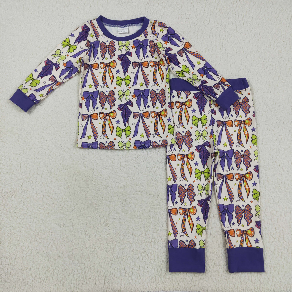 GLP2566 Baby Girls Purple Green Orange Bows Stars Top Pants Halloween Pajamas Sets
