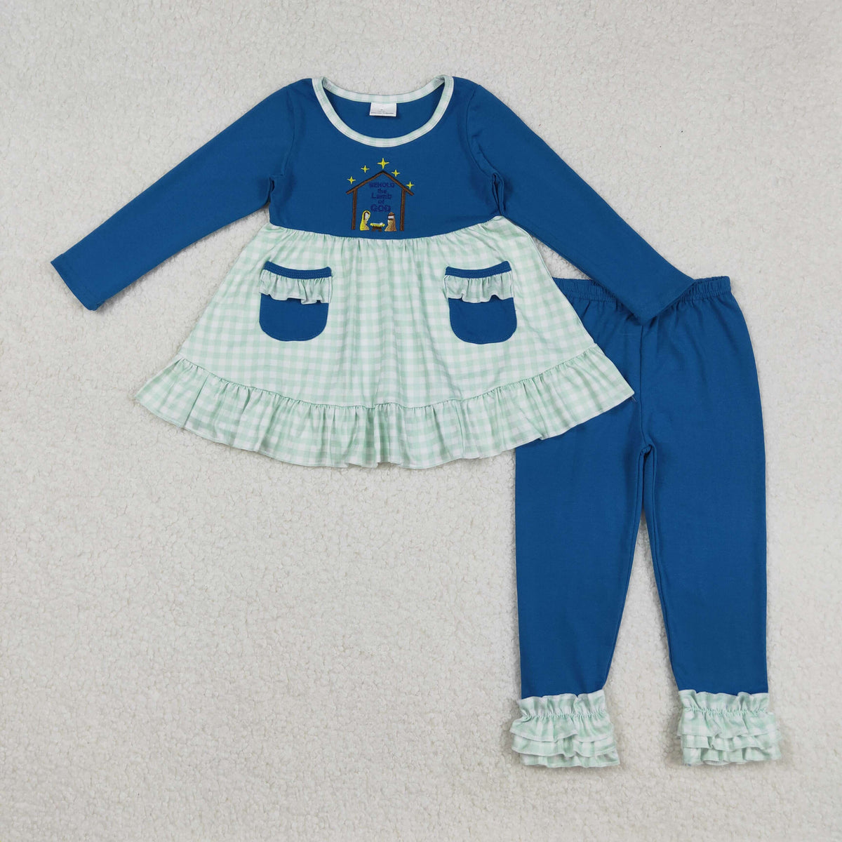 GLP2625 Baby Girls Embroidery Nativity Pockets Tunic Ruffle Pants Christmas Clothes Sets