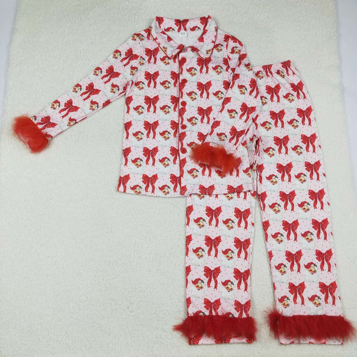 Mama and Me Red Bows Santa Button Top Pants Christmas Fur Pajamas Sets