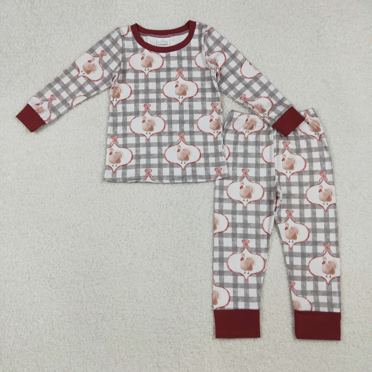 GLP2885 Baby Girls Turkey Checked Top Pants Thanksgiving Pajamas Sets