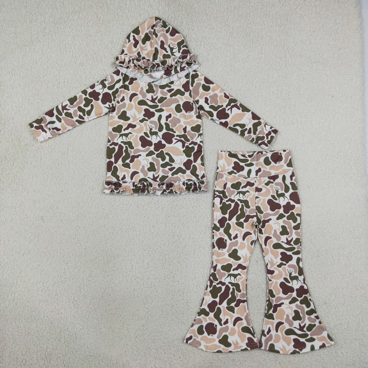 GLP3079 Baby Girls Deer Dogs Ducks Camo Ruffle Hoodie Flare Pant Hunting Clothes Set