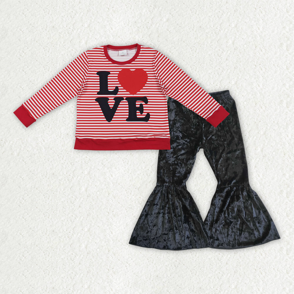 Baby Girls Red Stripe Hearts Love Top Black Velvet Bell Bottom Pants Valentine Clothes Sets