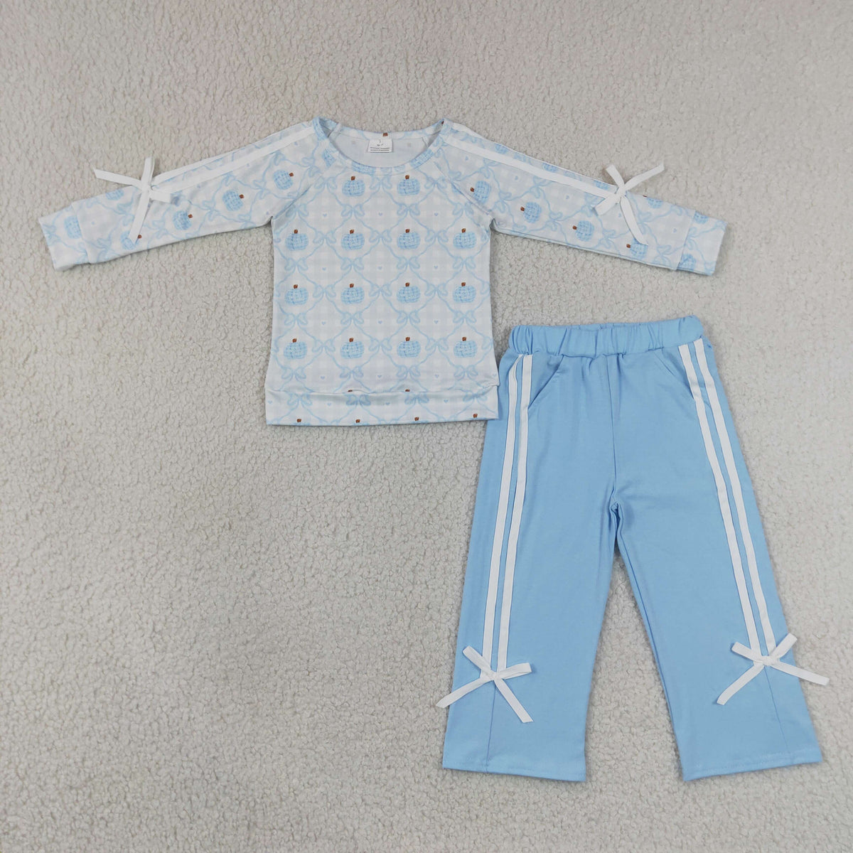 GLP3351 Baby Girls Blue Checked Pumpkins Top Bows Pockets Flare Pant Fall Clothes Set