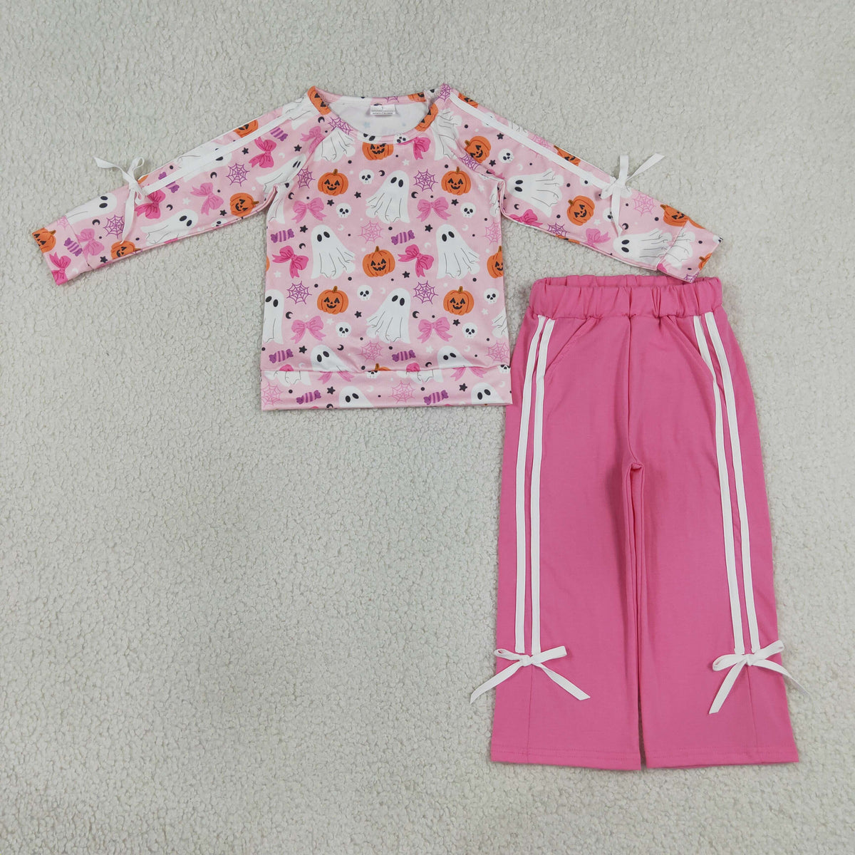 GLP3356 Baby Girls Ghost Pumokins Top Bows Pockets Flare Pant Halloween Clothes Set