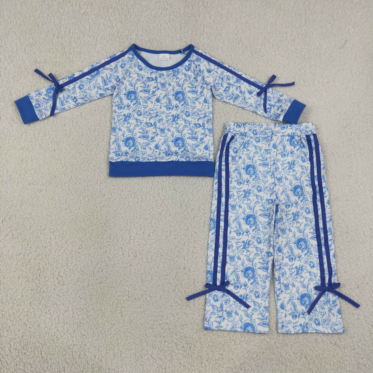 GLP3364 Baby Girls Blue Flowers Top Bows Pockets Flare Pant Fall Clothes Set