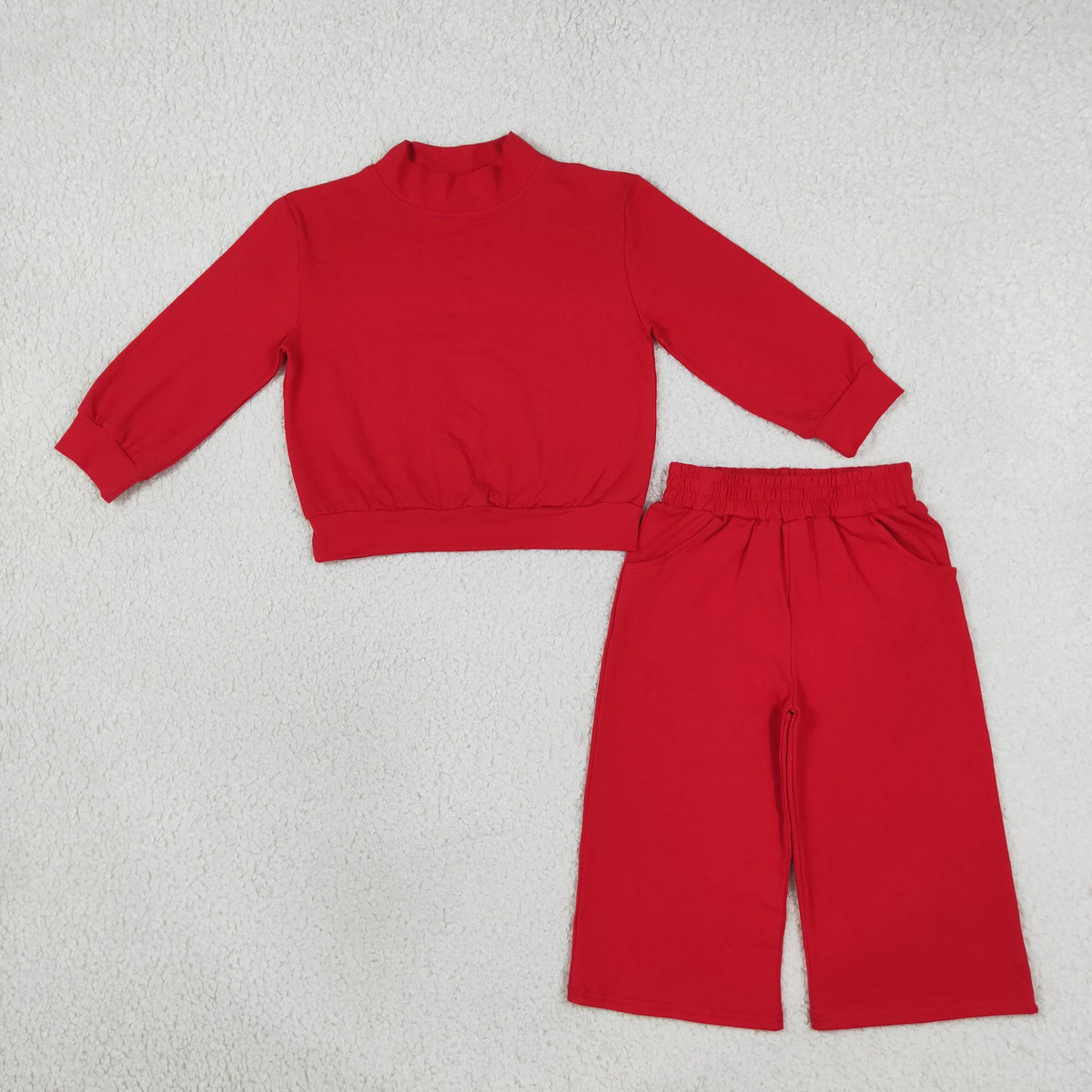 GLP3412 Baby Girls Red Long Sleeve Choker Top Pockets Flare Pant Cotton Clothes Sets