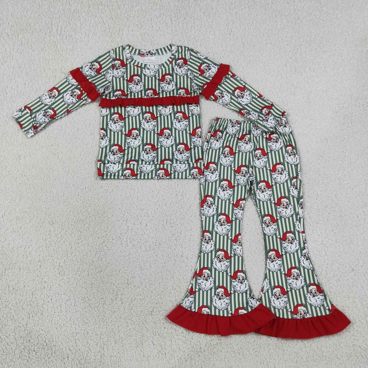 GLP3452 Baby Girls Green Stripe Santa Top Ruffle Flare Pant Christmas Clothes Sets