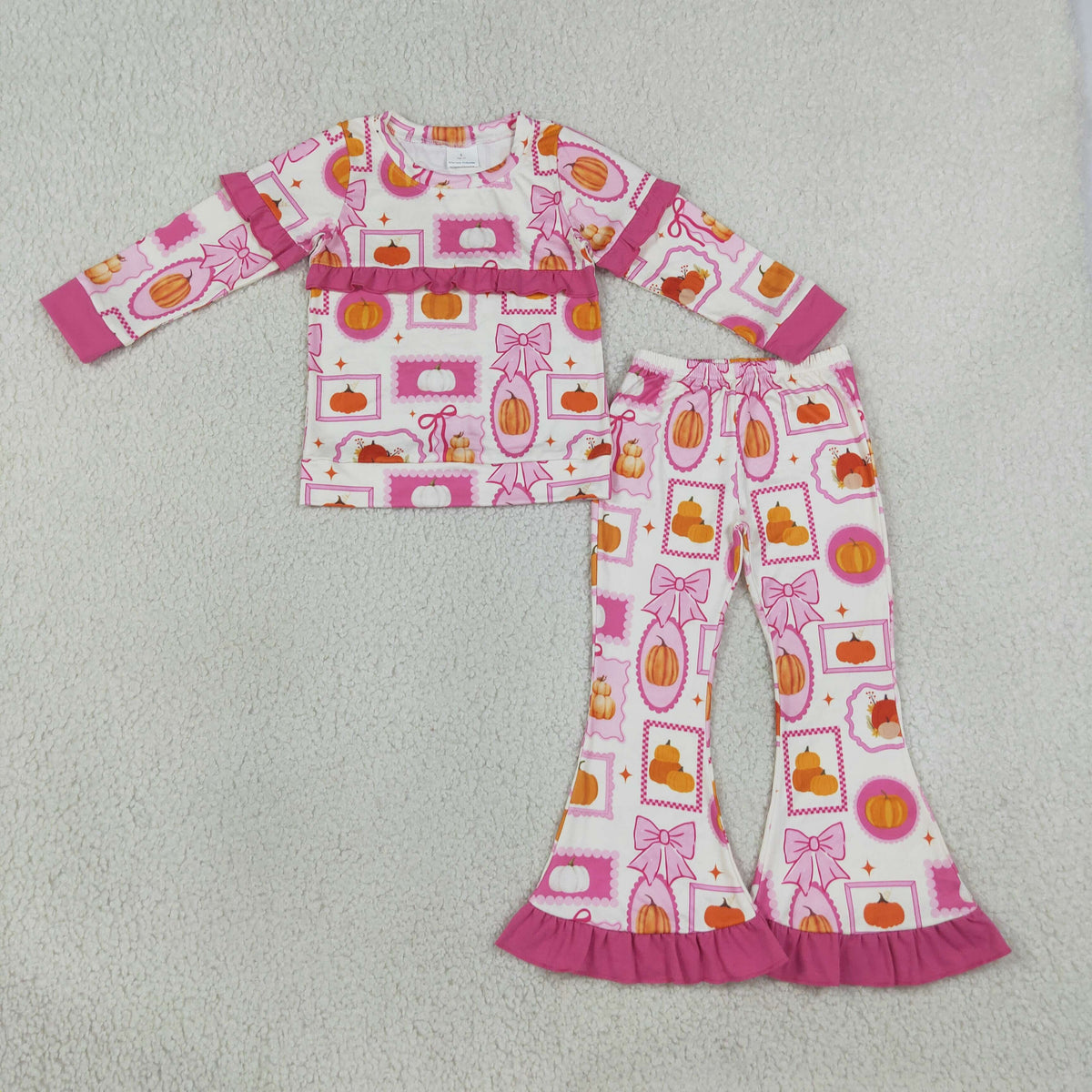 GLP3504 Baby Girls Pink Bows Pumpkins Checked Top Ruffle Flare Pant Fall Clothes Set
