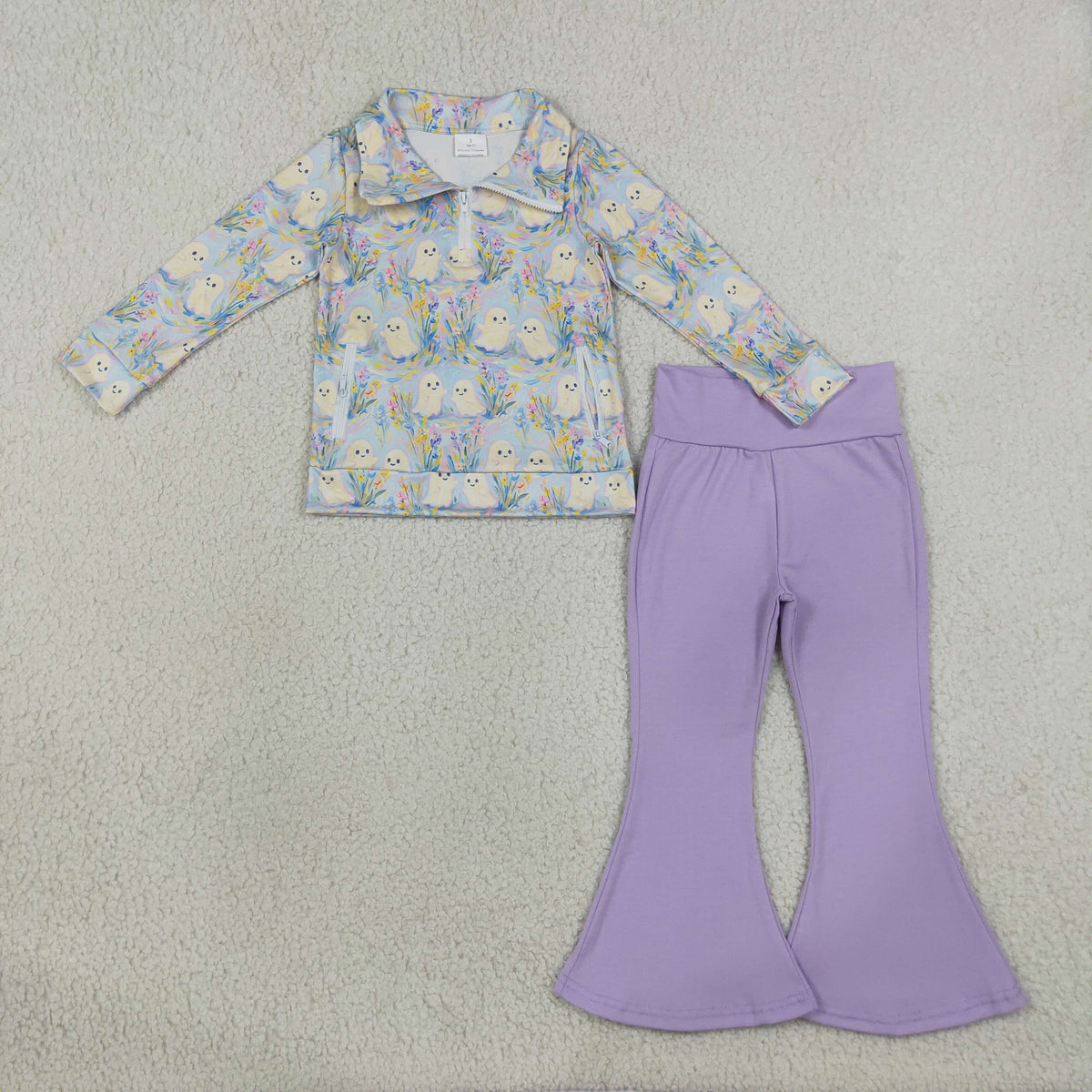 GLP3506 Baby Girls Flowers Ghosts Zip Pullovers Flare Pant Halloween Clothes Sets