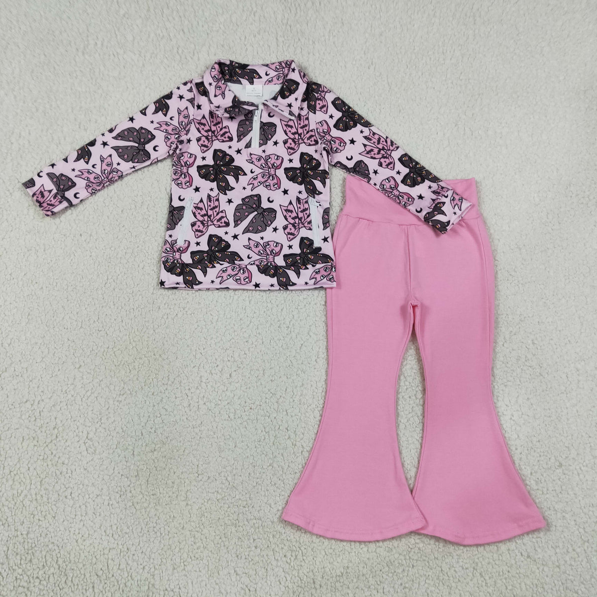 GLP3507 Baby Girls Bats Ghosts Bows Zip Pullovers Flare Pant Halloween Clothes Sets