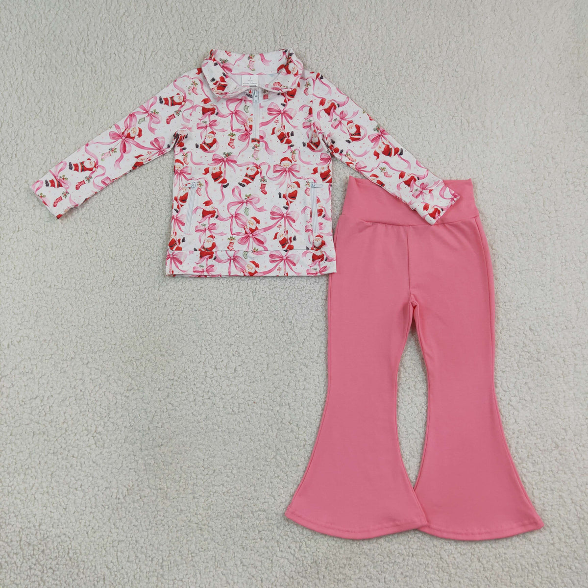 GLP3508 Baby Girls Pink Bows Santa Zip Pullovers Flare Pant Christmas Clothes Sets