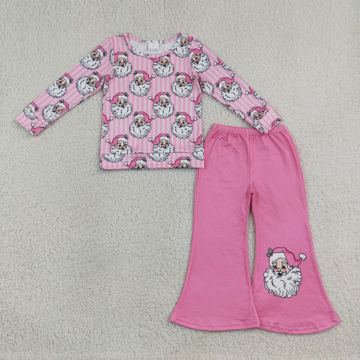 GLP3538 Baby Girls Long Sleeve Santa Pink Stripe Top Flare Pant Christmas Clothes Set