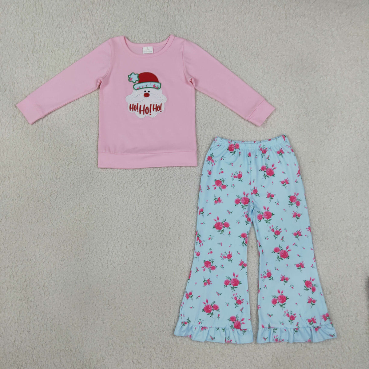 GLP3596 Baby Girls Embroidery Santa Flowers Top Ruffle Flare Pant Christmas Clothes Set
