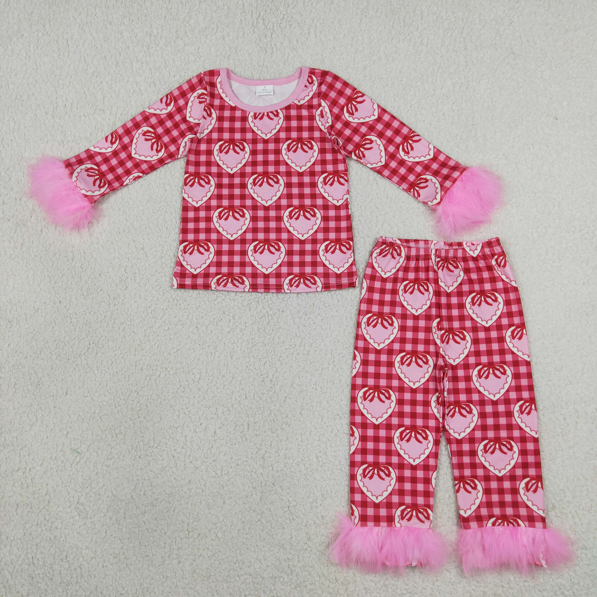 GLP3669 Baby Girls Pink Bows Hearts Checked Fur Sleeves Valentines Pajamas Set