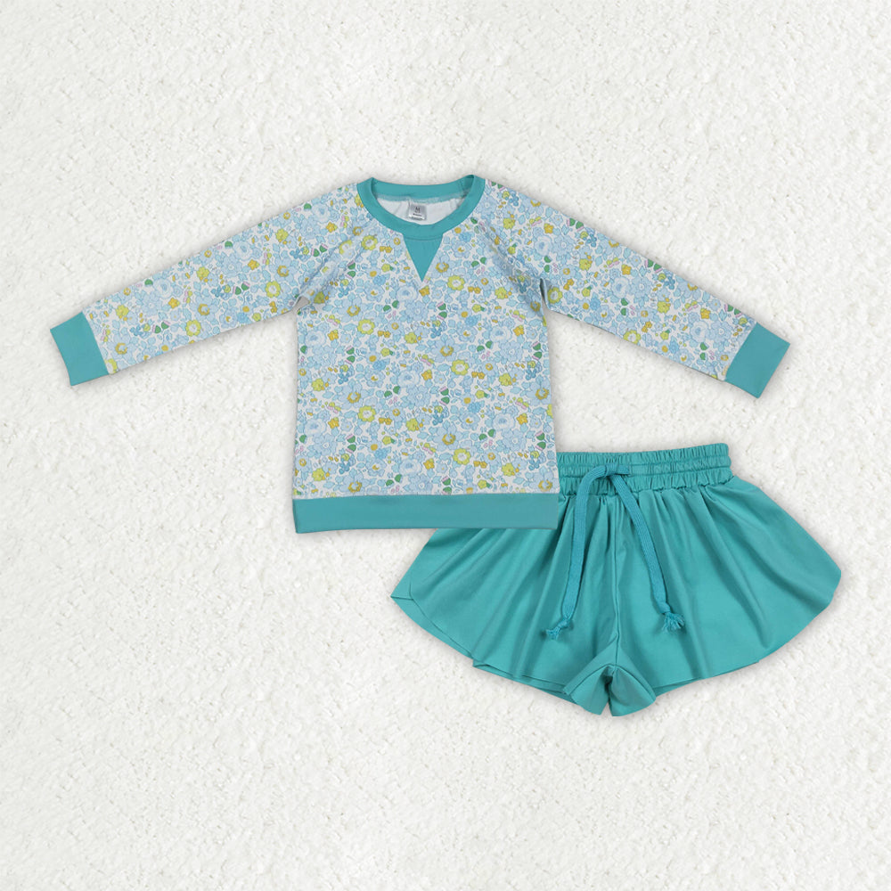 GLS0081 Baby Girls Blue Floral Long Sleeve Top Ruffle Shorts Yoga Active Clothes Sets
