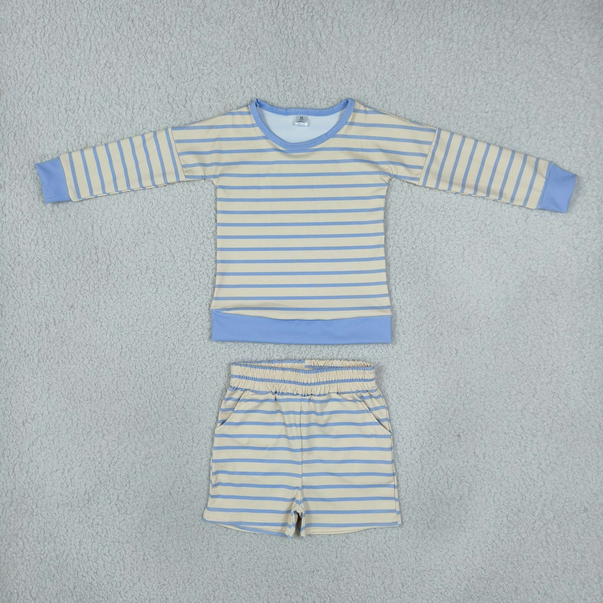 GLS0125 Baby Girls Long Sleeve Blue Stripe Top Pockets Short Yoga Active Clothes Set