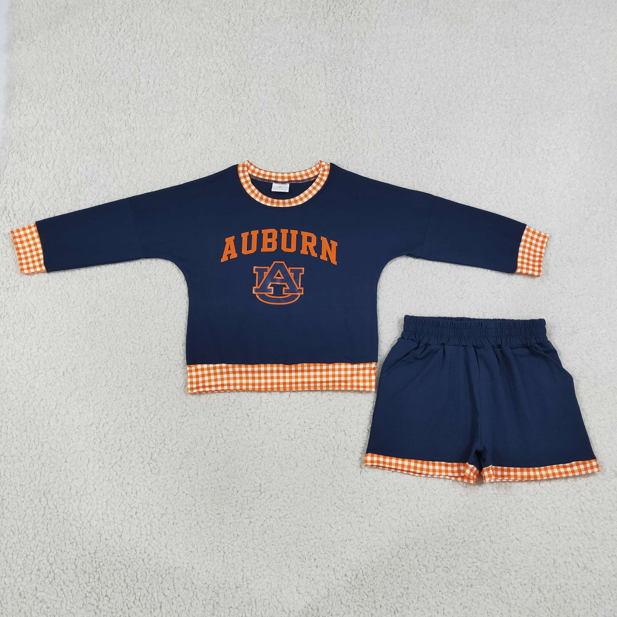 GLS0162 Baby Girls Navy Long Sleeve Vinyl Auburn Top Pockets Short Team Clothes Set