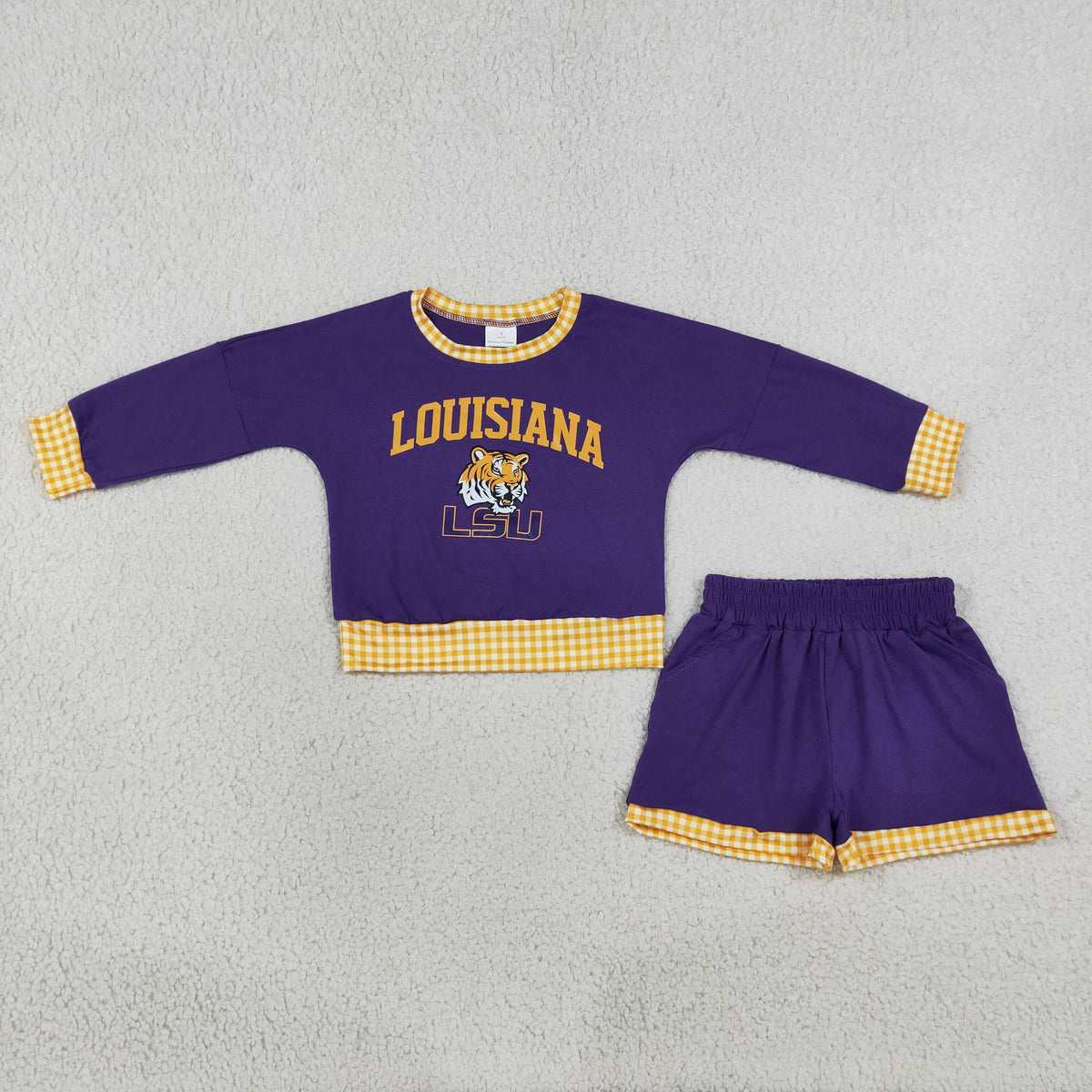 GLS0166 Baby Girls Purplw Long Sleeve Vinyl Louisiana Top Pockets Short Team Clothes Set