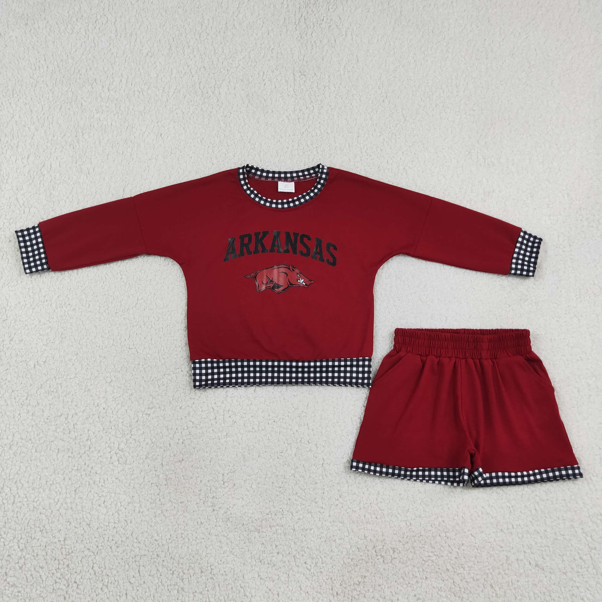 GLS0167 Baby Girls Maroon Long Sleeve Vinyl Arkansas Top Pockets Short Team Clothes Set