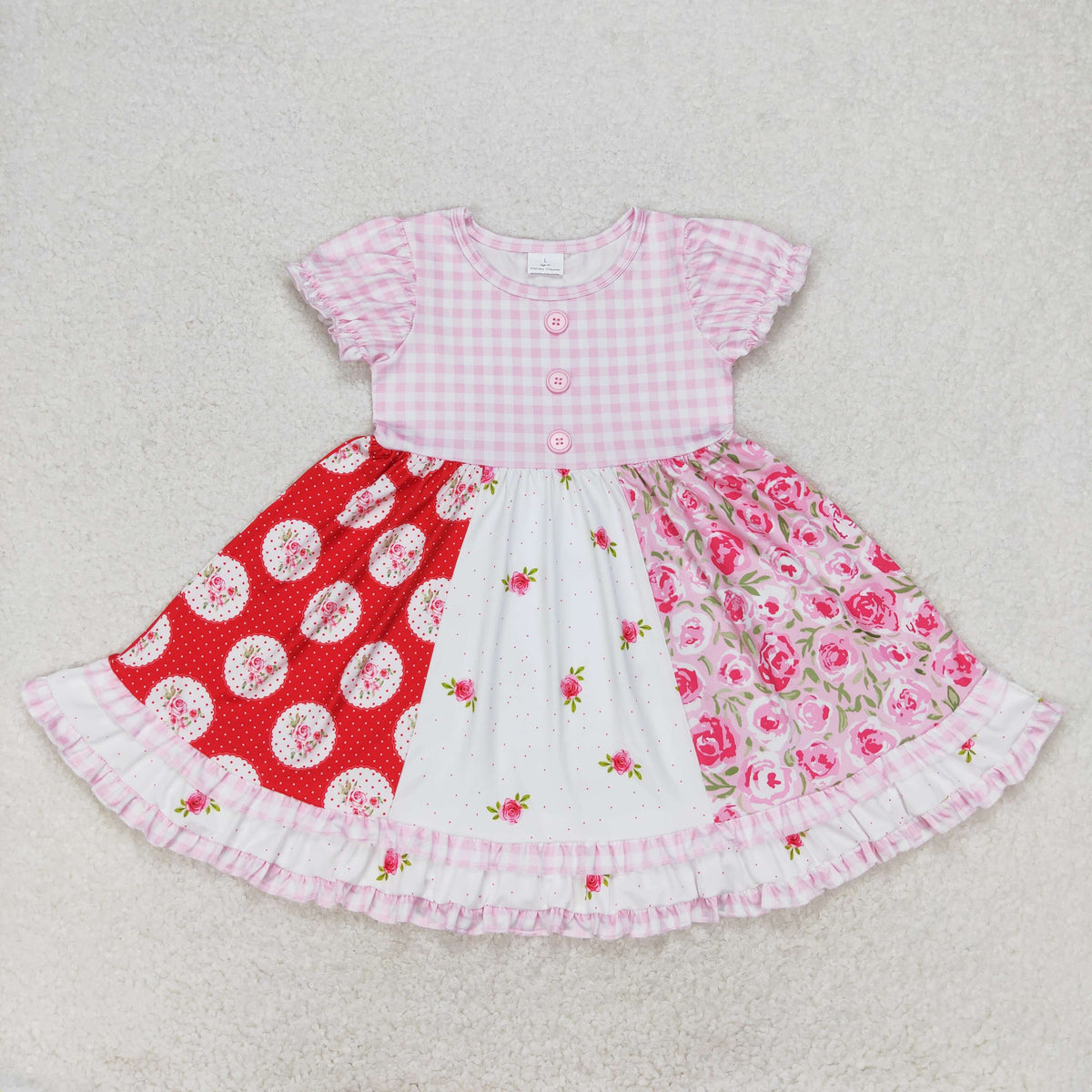 Sibling Baby Girls Flowers Plaid Button Pockets Ruffle Knee Length Dresses