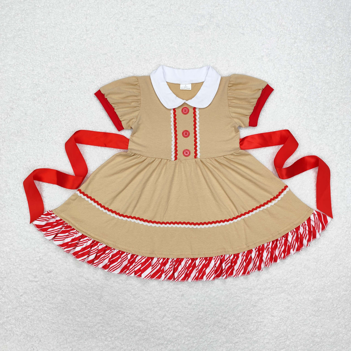 Sibling Baby Girls Candy Cane Stripes Button Christmas Ruffle Knee Length Dresses