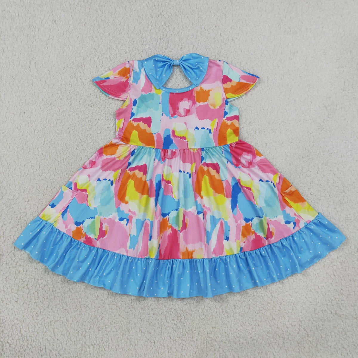 GSD2610 Baby Girls Flutter Sleeve Tie-dye Print Pockets Ruffle Knee Length Dress
