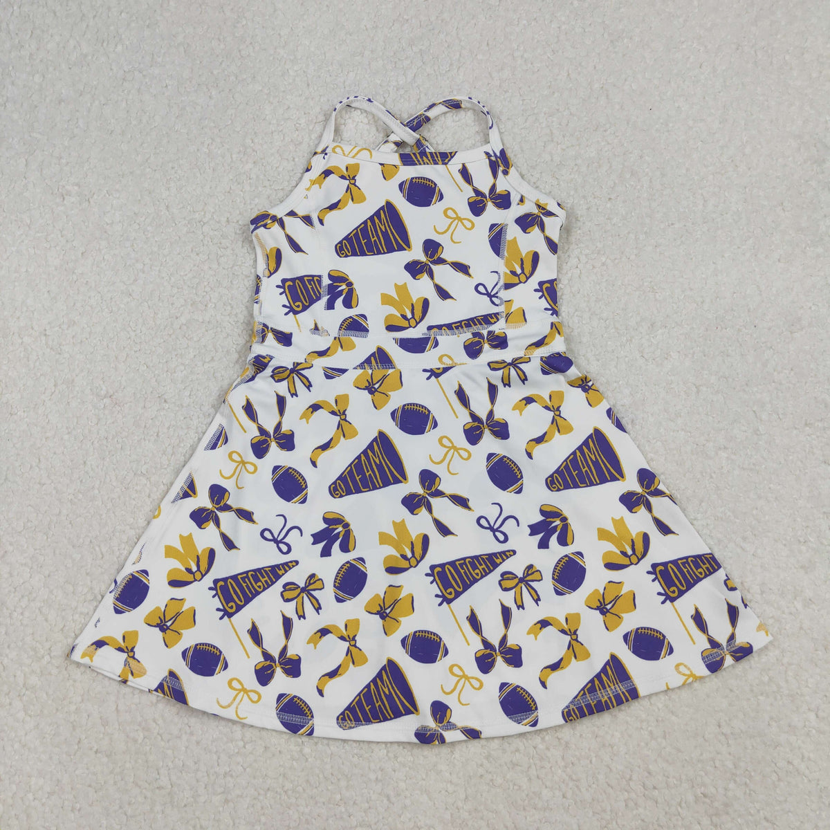 Sibling Baby Girls Purple Bows Footballs Go Team Ruffle Zipper Romper Knee Length Dresses