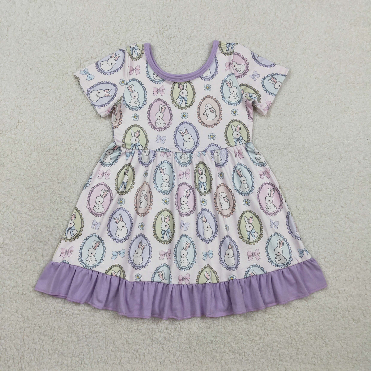 GSD2863 Baby Girls Short Sleeve Rabbit Flowers Easter Ruffle Knee Length Dresses