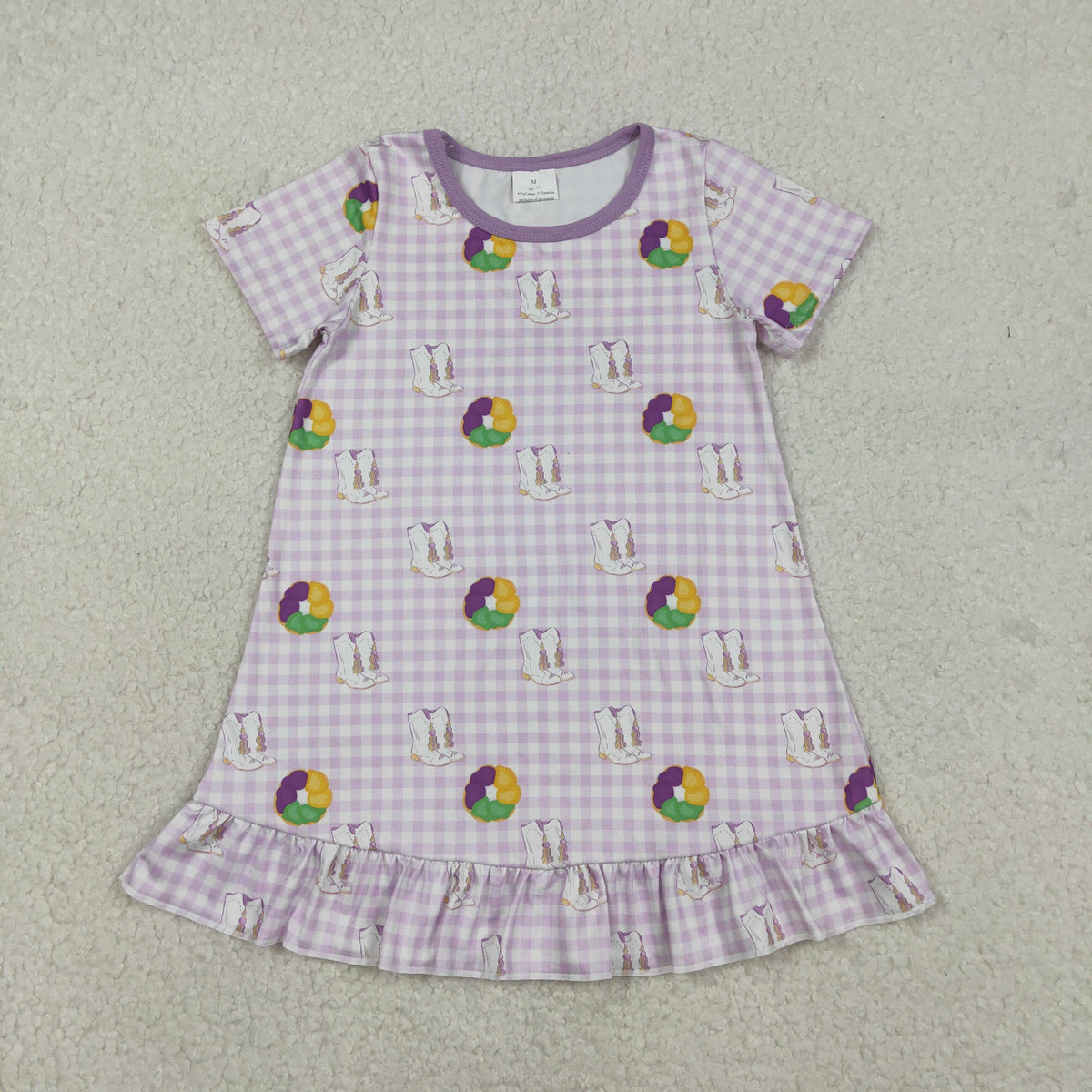 GSD2900 Baby Girls Mardigras Donuts Boots Checked Ruffle Knee Length Dresses