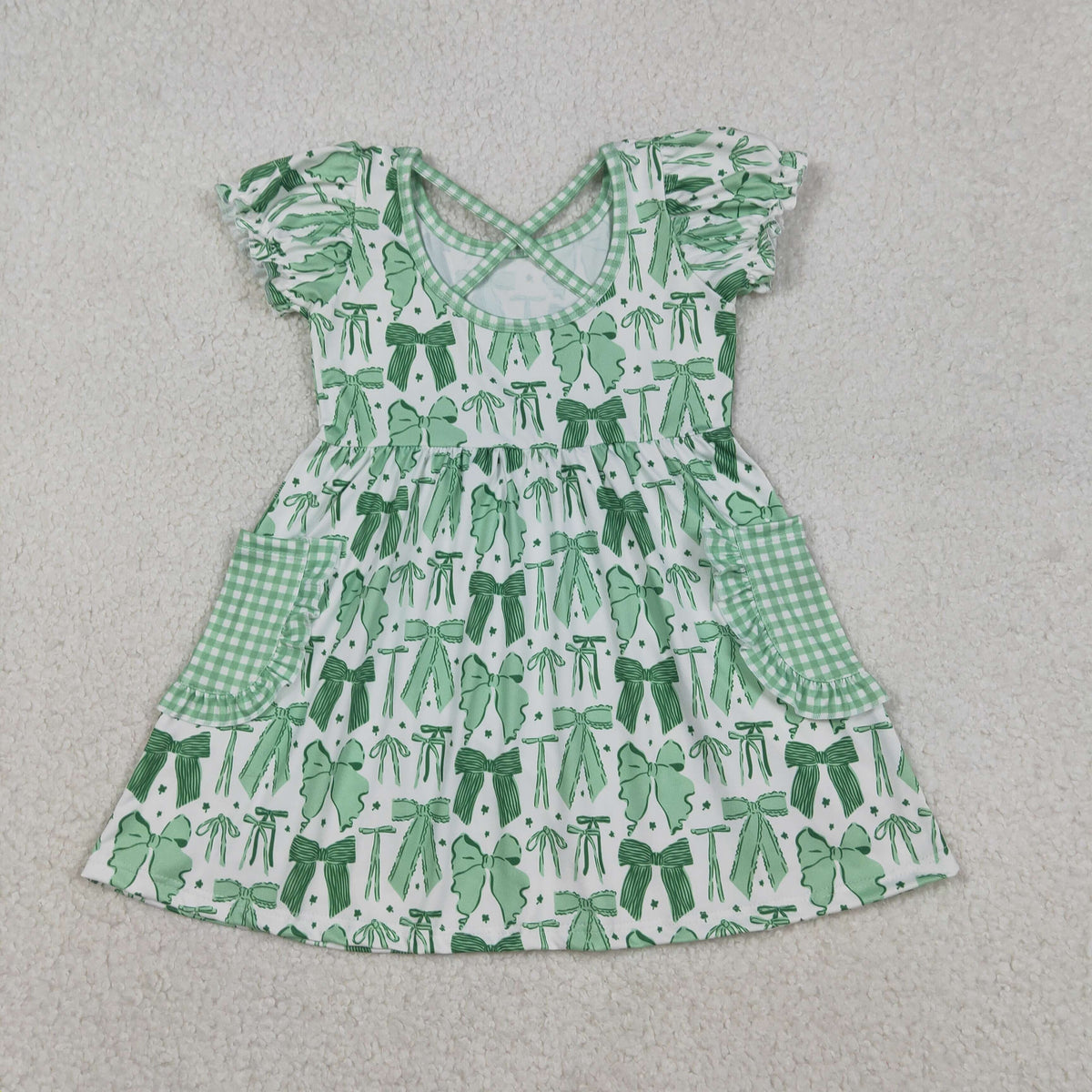 GSD2903 Baby Girls Green Bows Clovers Pockets St Patrick Knee Length Dresses