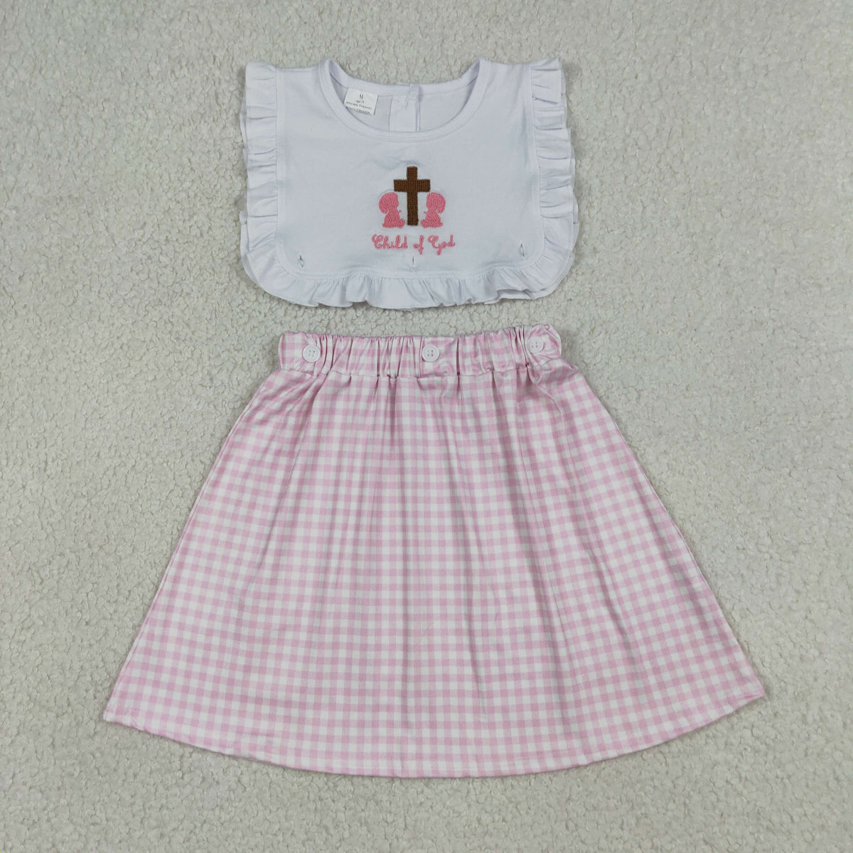 GSD3201 Baby Girls Embroidery Cross Child of God Pink Checked Knee Length Dresses