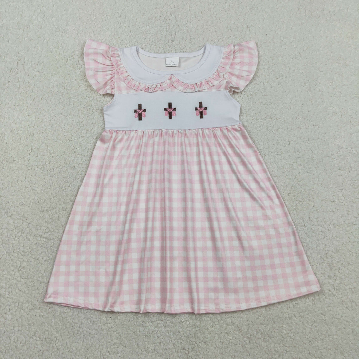 Sibling Baby Kids Embroidery Crosses Easter Checked Collar Knee Length Dress Rompers