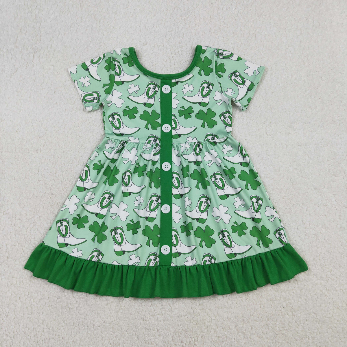 GSD3404 Baby Girls Green Clovers Boots St Patrick Button Ruffle Knee Length Dresses