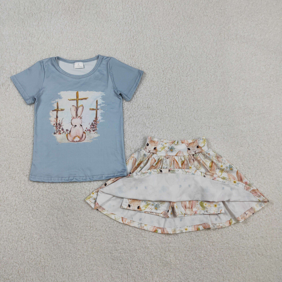 GSD3486 Baby Girls Short Sleeve Crosses Rabbit Top Skirt Shorts Easter Clothes Sets