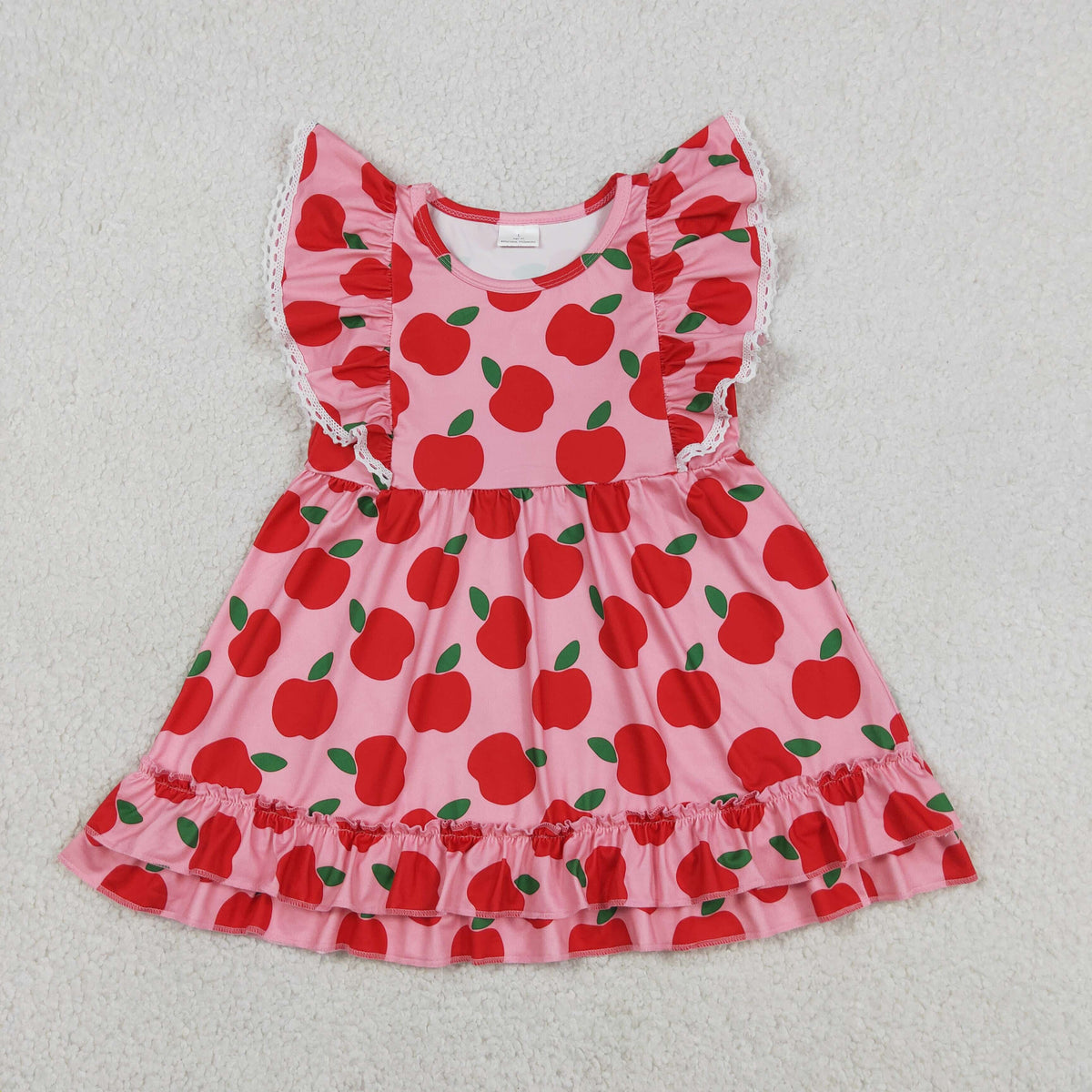 GSD3510 Baby Girls Flutter Sleeve Apples Plaid Back to School Ruffle Knee Length Dresses(副本)