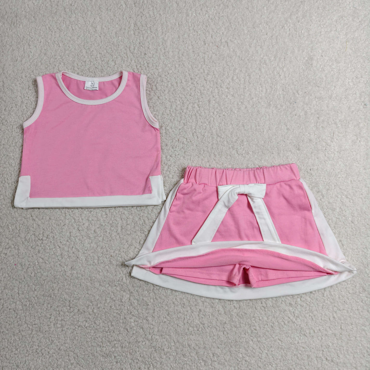 GSD3829 Baby Girls Pink White Short Sleeve Shirt Top Bow Skirt Short Clothes Set