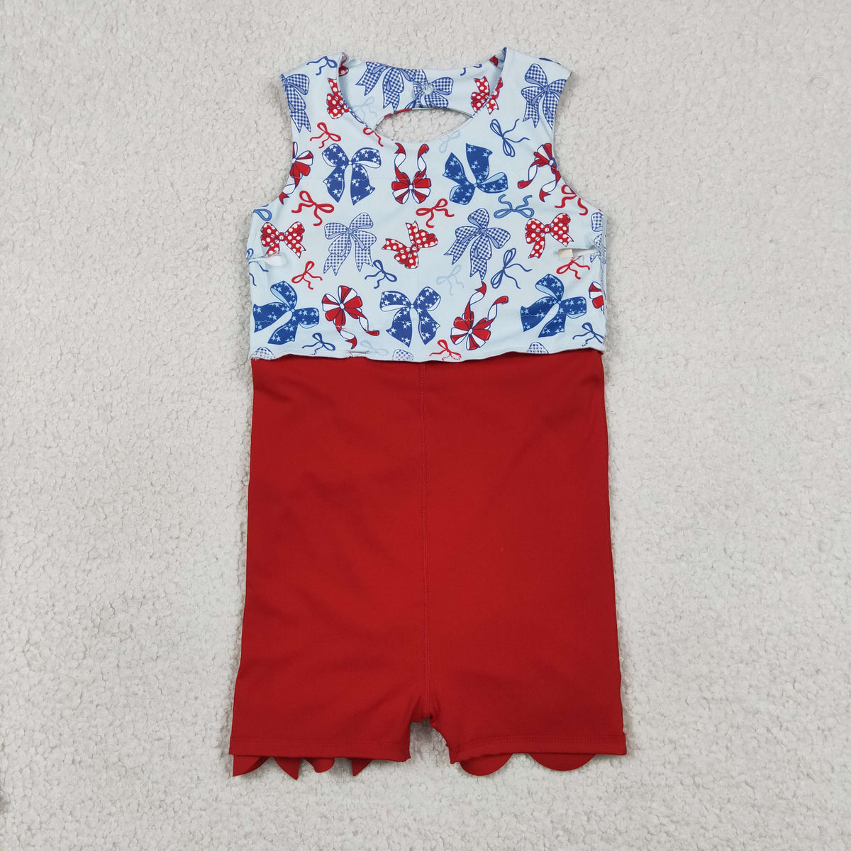 GSD3875 Baby Girls Red Blue Bows Yoga Active Short 4th of July Bows Scallop Knee Length Dress