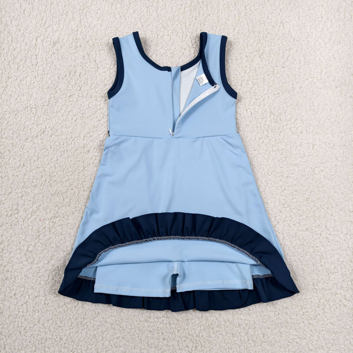 GSD4126 Baby Girls Navy Blue Back Zip Yoga Active Short Ruffle Knee Length Dress