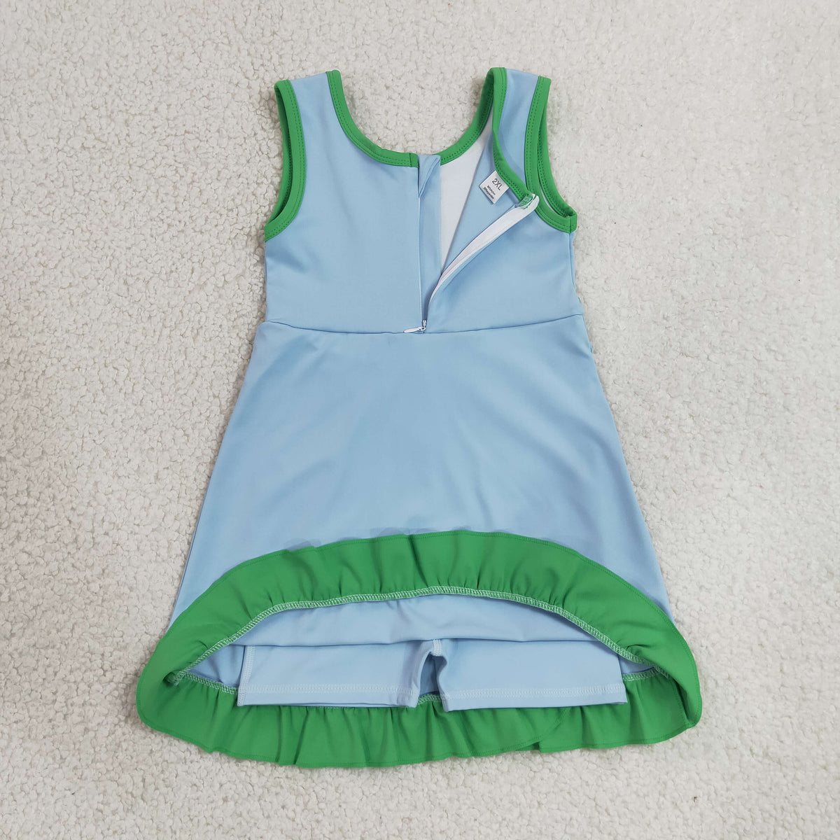 GSD4136 Baby Girls Blue Green Back Zip Yoga Active Short Ruffle Knee Length Dress