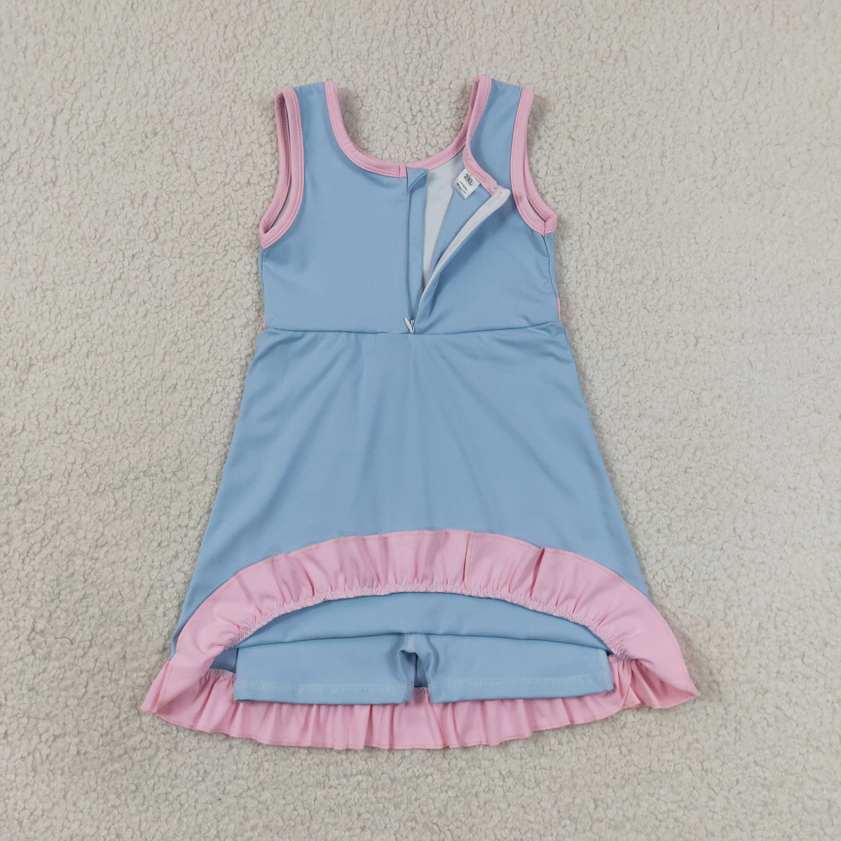 GSD4144 Baby Girls Blue Pink Back Zip Yoga Active Short Ruffle Knee Length Dress
