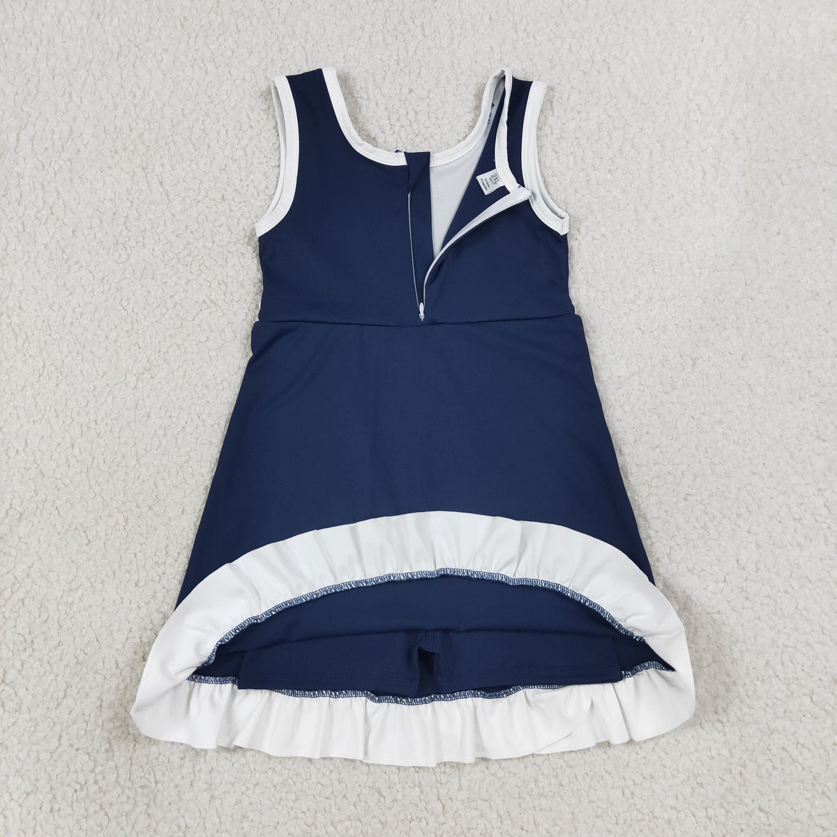 GSD4145 Baby Girls Navy White Back Zip Yoga Active Short Ruffle Knee Length Dress