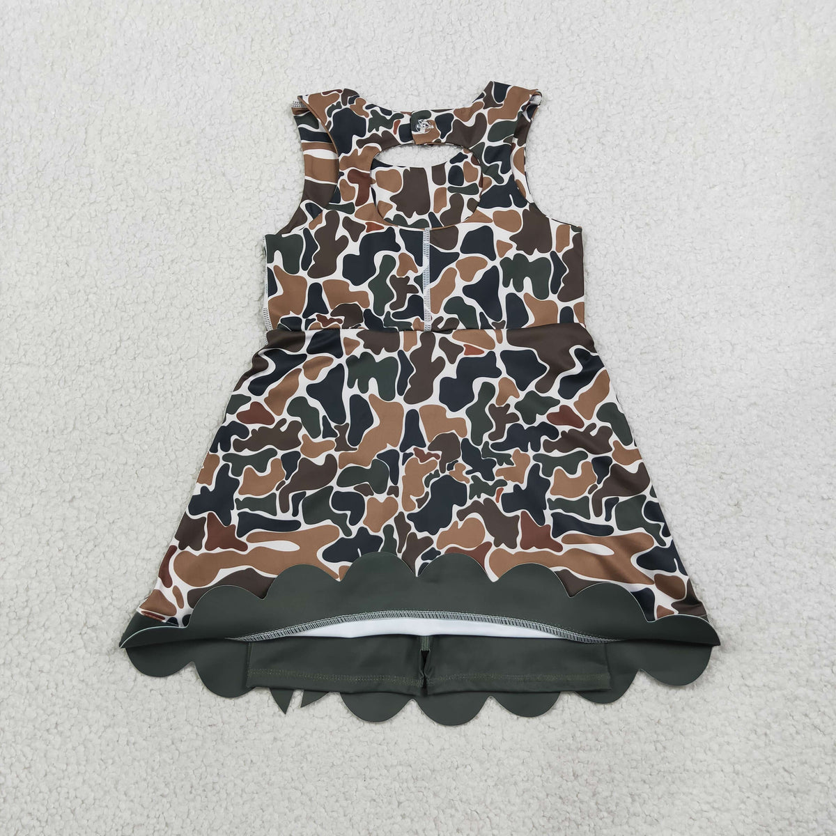 GSD4229 Baby Girls Dark Brown Camo Yoga Active Short Bows Scallop Knee Length Dress